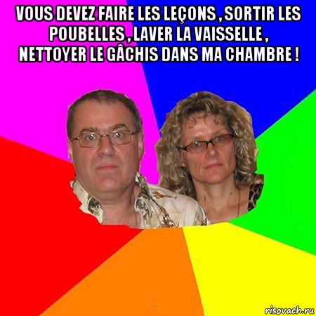 vous devez faire les leçons , sortir les poubelles , laver la vaisselle , nettoyer le gâchis dans ma chambre ! , Мем  Типичные родители