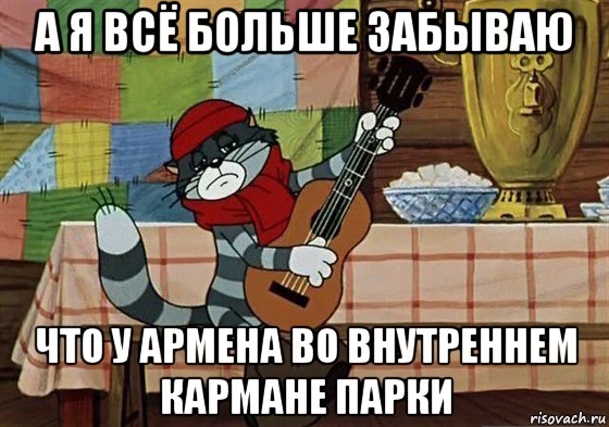 а я всё больше забываю что у армена во внутреннем кармане парки, Мем Грустный Матроскин с гитарой