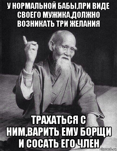 у нормальной бабы,при виде своего мужика,должно возникать три желания трахаться с ним,варить ему борщи и сосать его член, Мем Монах-мудрец (сэнсей)