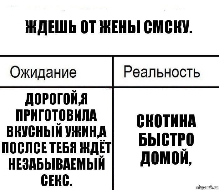 ждешь от жены смску. дорогой,я приготовила вкусный ужин,а послсе тебя ждёт незабываемый секс. скотина быстро домой,, Комикс  Ожидание - реальность