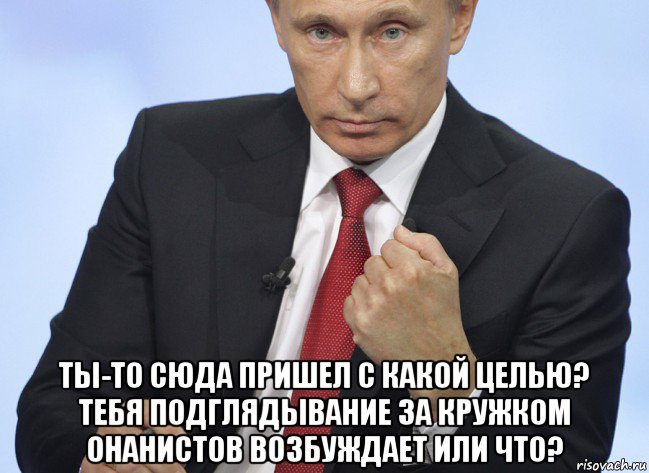  ты-то сюда пришел с какой целью? тебя подглядывание за кружком онанистов возбуждает или что?, Мем Путин показывает кулак