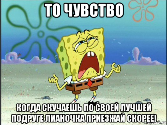 то чувство когда скучаешь по своей лучшей подруге лианочка приезжай скорее!, Мем Спанч Боб плачет