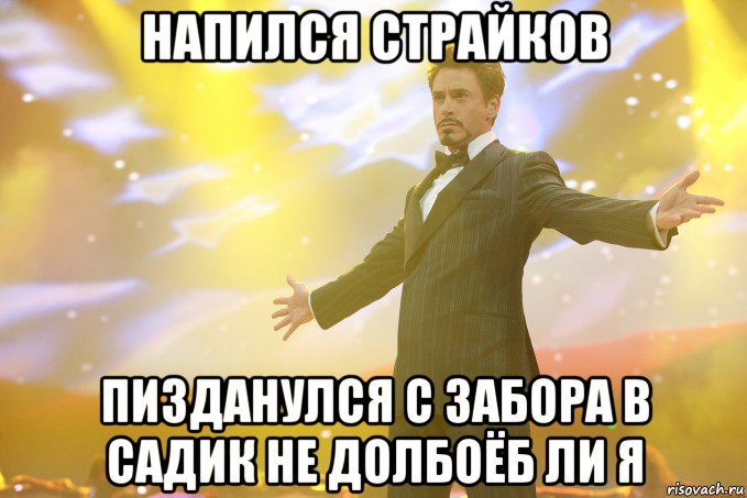 напился страйков пизданулся с забора в садик не долбоёб ли я, Мем Тони Старк (Роберт Дауни младший)