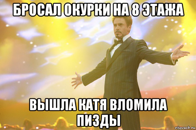 бросал окурки на 8 этажа вышла катя вломила пизды, Мем Тони Старк (Роберт Дауни младший)