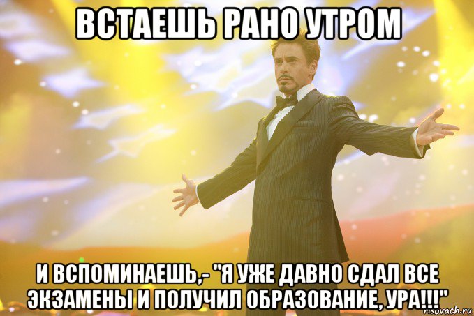 встаешь рано утром и вспоминаешь,- "я уже давно сдал все экзамены и получил образование, ура!!!", Мем Тони Старк (Роберт Дауни младший)