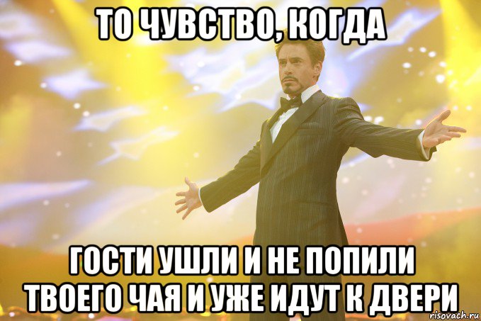 то чувство, когда гости ушли и не попили твоего чая и уже идут к двери, Мем Тони Старк (Роберт Дауни младший)