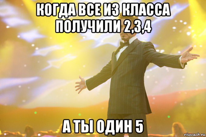 когда все из класса получили 2,3,4 а ты один 5, Мем Тони Старк (Роберт Дауни младший)