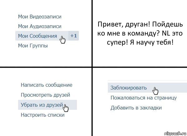 Привет, друган! Пойдешь ко мне в команду? NL это супер! Я научу тебя!, Комикс  Удалить из друзей