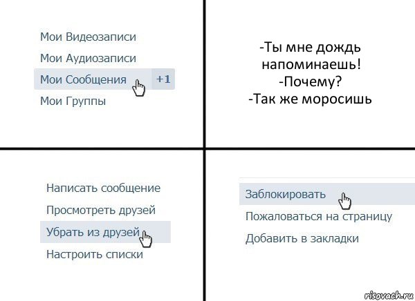 -Ты мне дождь напоминаешь!
-Почему?
-Так же моросишь, Комикс  Удалить из друзей