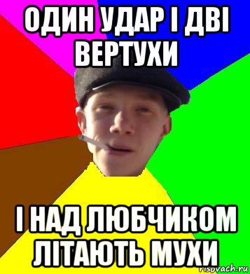 один удар і дві вертухи і над любчиком літають мухи, Мем умный гопник