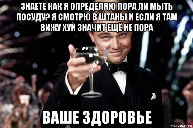 знаете как я определяю пора ли мыть посуду? я смотрю в штаны и если я там вижу хуй значит ещё не пора ваше здоровье, Мем Великий Гэтсби (бокал за тех)