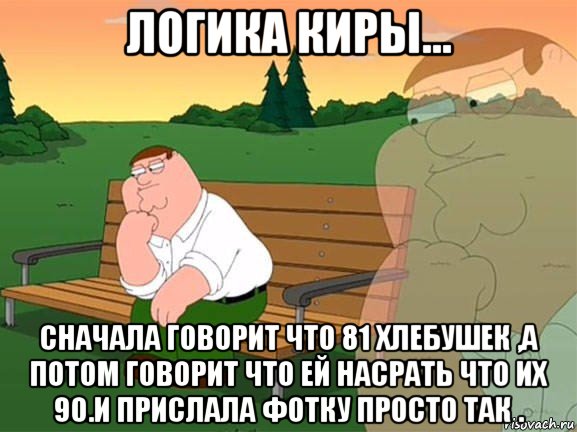 логика киры... сначала говорит что 81 хлебушек ,а потом говорит что ей насрать что их 90.и прислала фотку просто так ., Мем Задумчивый Гриффин