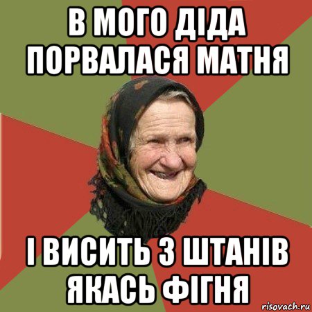 в мого діда порвалася матня і висить з штанів якась фігня, Мем  Бабушка