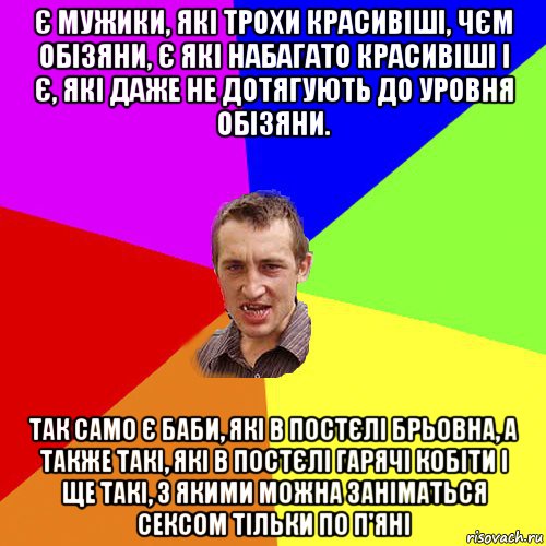 є мужики, які трохи красивіші, чєм обізяни, є які набагато красивіші і є, які даже не дотягують до уровня обізяни. так само є баби, які в постєлі брьовна, а также такі, які в постєлі гарячі кобіти і ще такі, з якими можна заніматься сексом тільки по п'яні, Мем Чоткий паца