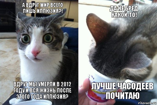 А вдруг мир всего лишь иллюзия?! Вдруг мы умерли в 2012 году и вся жизнь после этого года иллюзия? Да не бред какой-то! Лучше Часодеев почитаю, Комикс  Да не бред какой-то (4 зоны)