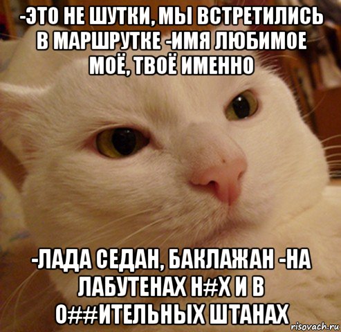 -это не шутки, мы встретились в маршрутке -имя любимое моё, твоё именно -лада седан, баклажан -на лабутенах н#х и в о##ительных штанах, Мем Дерзкий котэ