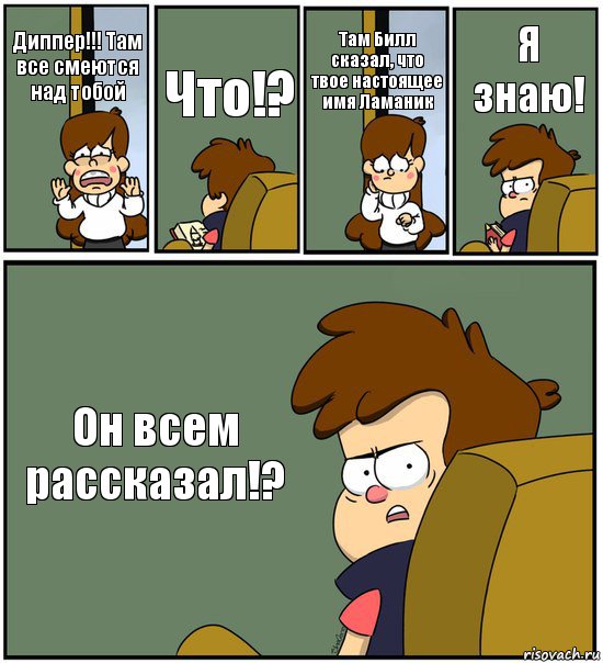 Диппер!!! Там все смеются над тобой Что!? Там Билл сказал, что твое настоящее имя Ламаник Я знаю! Он всем рассказал!?