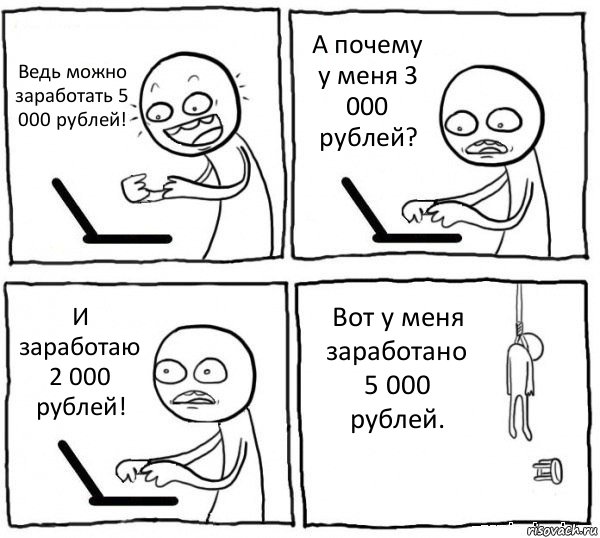 Ведь можно заработать 5 000 рублей! А почему у меня 3 000 рублей? И заработаю 2 000 рублей! Вот у меня заработано 5 000 рублей., Комикс интернет убивает