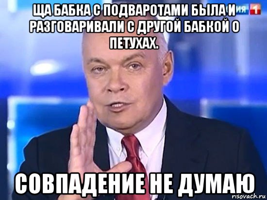 ща бабка с подваротами была и разговаривали с другой бабкой о петухах. совпадение не думаю, Мем Киселёв 2014