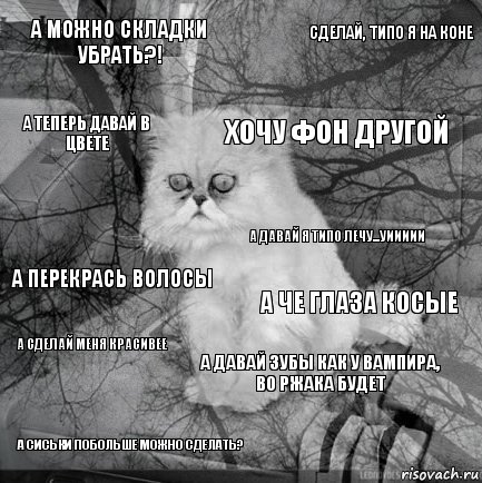 а можно складки убрать?! а че глаза косые хочу фон другой а сиськи побольше можно сделать? а перекрась волосы сделай, типо я на коне а давай зубы как у вампира, во ржака будет а теперь давай в цвете а сделай меня красивее а давай я типо лечу...уиииии, Комикс  кот безысходность