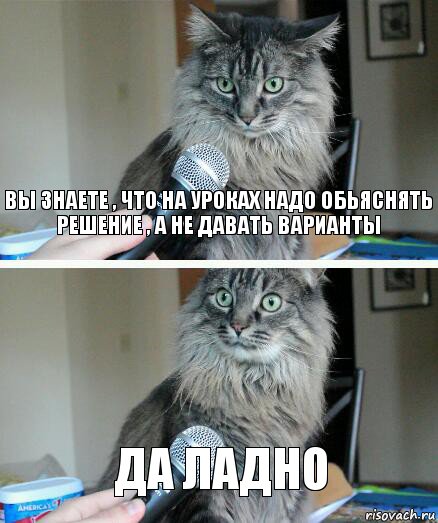 Вы знаете , что на уроках надо обьяснять решение , а не давать варианты Да ладно, Комикс  кот с микрофоном