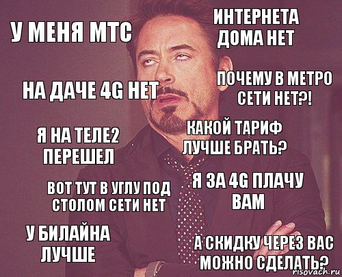 У меня мтс ИнтернетА дома нет Я на теле2 перешел У билайна лучше Я за 4g плачу вам Какой тариф лучше брать? Вот тут в углу под столом сети нет А скидку через вас можно сделать? На даче 4g нет Почему в метро сети нет?!, Комикс мое лицо