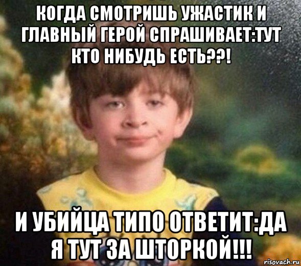 когда смотришь ужастик и главный герой спрашивает:тут кто нибудь есть??! и убийца типо ответит:да я тут за шторкой!!!, Мем Недовольный пацан