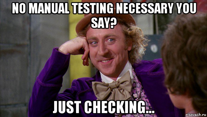 no manual testing necessary you say? just checking..., Мем Ну давай расскажи (Вилли Вонка)