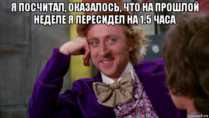 я посчитал, оказалось, что на прошлой неделе я пересидел на 1.5 часа , Мем Ну давай расскажи (Вилли Вонка)