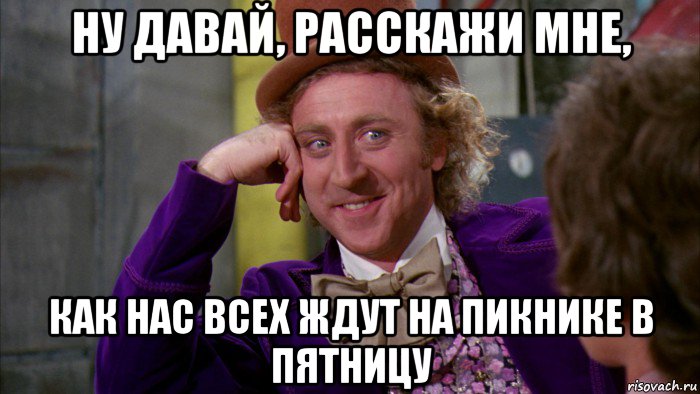 ну давай, расскажи мне, как нас всех ждут на пикнике в пятницу, Мем Ну давай расскажи (Вилли Вонка)