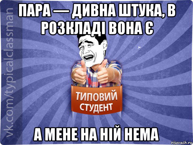 пара — дивна штука, в розкладі вона є а мене на ній нема, Мем Типовий студент