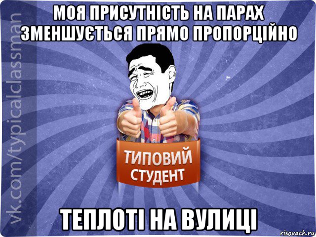 моя присутність на парах зменшується прямо пропорційно теплоті на вулиці, Мем Типовий студент