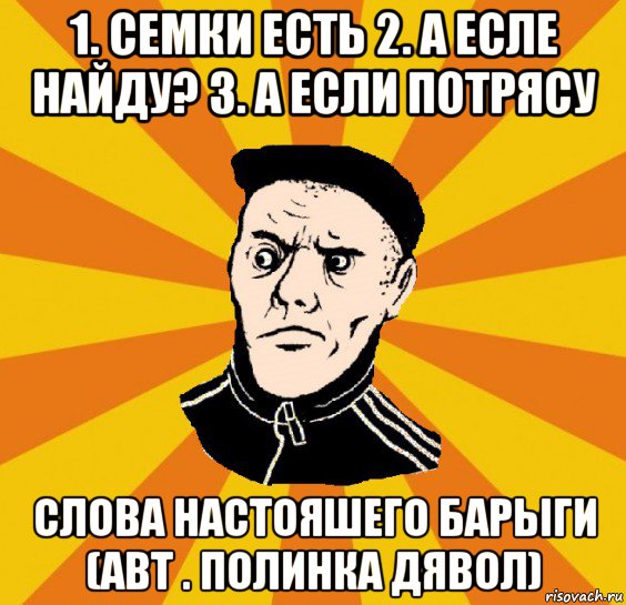 1. семки есть 2. а есле найду? 3. а если потрясу слова настояшего барыги (авт . полинка дявол), Мем Типовий Титушка