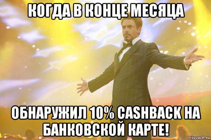 когда в конце месяца обнаружил 10% cashback на банковской карте!, Мем Тони Старк (Роберт Дауни младший)