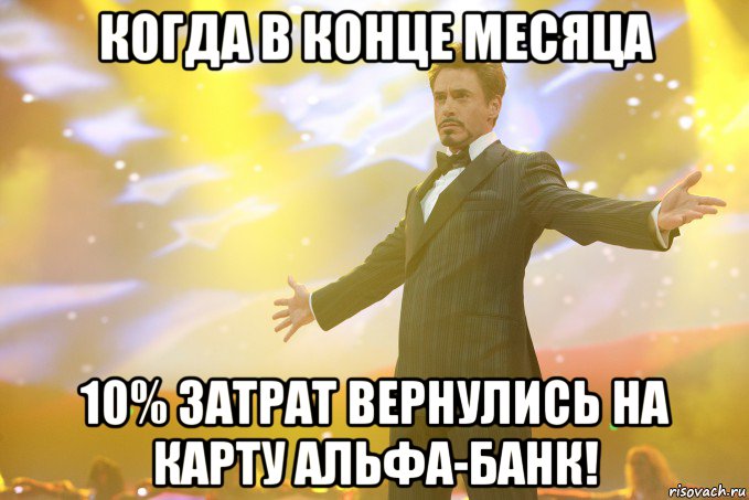 когда в конце месяца 10% затрат вернулись на карту альфа-банк!, Мем Тони Старк (Роберт Дауни младший)