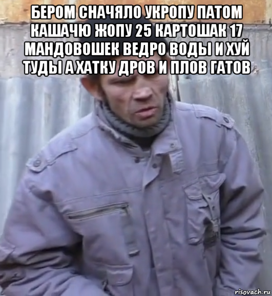 бером сначяло укропу патом кашачю жопу 25 картошак 17 мандовошек ведро воды и хуй туды а хатку дров и плов гатов , Мем  Ты втираешь мне какую то дичь