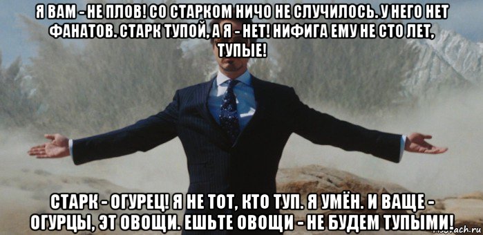 я вам - не плов! со старком ничо не случилось. у него нет фанатов. старк тупой, а я - нет! нифига ему не сто лет, тупые! старк - огурец! я не тот, кто туп. я умён. и ваще - огурцы, эт овощи. ешьте овощи - не будем тупыми!, Мем вин