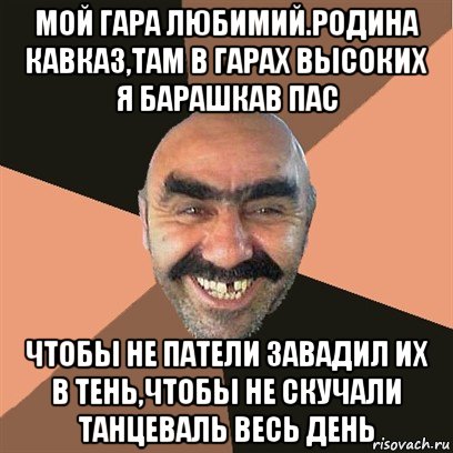 мой гара любимий.родина кавказ,там в гарах высоких я барашкав пас чтобы не патели завадил их в тень,чтобы не скучали танцеваль весь день, Мем Я твой дом труба шатал