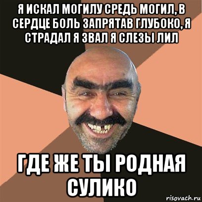 я искал могилу средь могил, в сердце боль запрятав глубоко, я страдал я звал я слезы лил где же ты родная сулико, Мем Я твой дом труба шатал