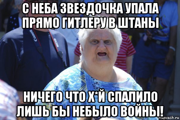 с неба звездочка упала прямо гитлеру в штаны ничего что х*й спалило лишь бы небыло войны!, Мем Шта (Бабка wat)