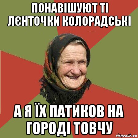 понавішуют ті лєнточки колорадські а я їх патиков на городі товчу, Мем  Бабушка