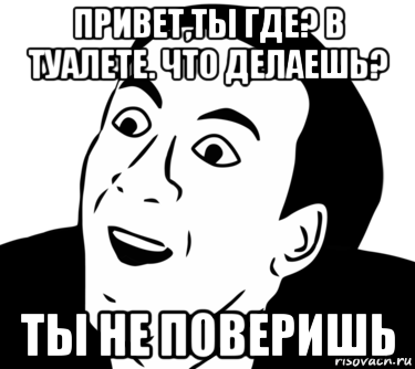 привет,ты где? в туалете. что делаешь? ты не поверишь