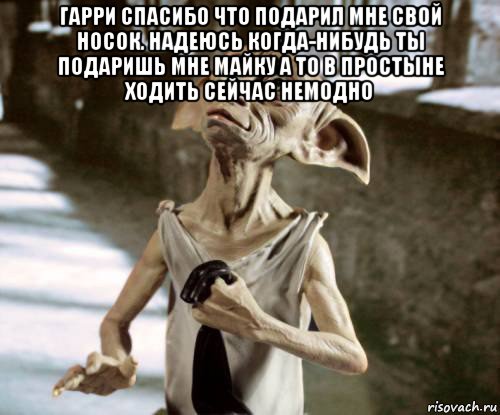 гарри спасибо что подарил мне свой носок. надеюсь когда-нибудь ты подаришь мне майку а то в простыне ходить сейчас немодно 