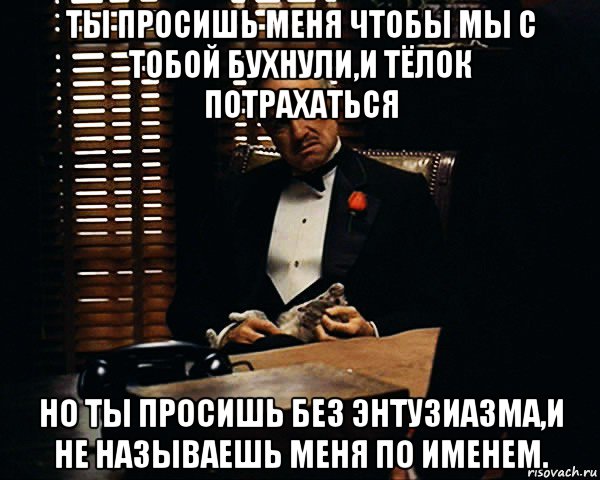 ты просишь меня чтобы мы с тобой бухнули,и тёлок потрахаться но ты просишь без энтузиазма,и не называешь меня по именем., Мем Дон Вито Корлеоне