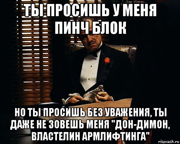 ты просишь у меня пинч блок но ты просишь без уважения, ты даже не зовешь меня "дон-димон, властелин армлифтинга", Мем Дон Вито Корлеоне