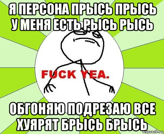 я персона прысь прысь у меня есть рысь рысь обгоняю подрезаю все хуярят брысь брысь, Мем фак е