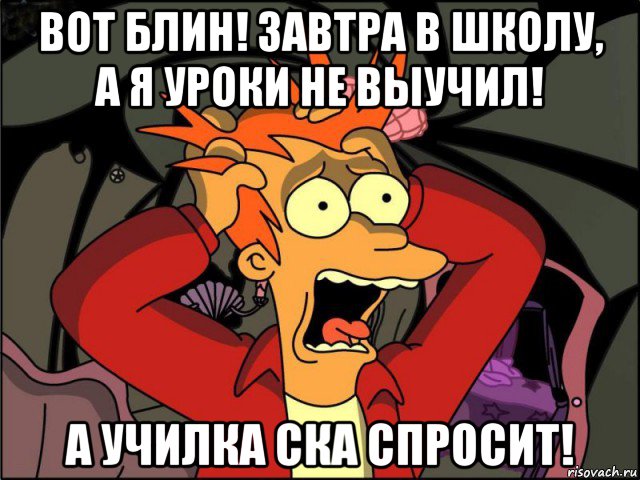 вот блин! завтра в школу, а я уроки не выучил! а училка ска спросит!, Мем Фрай в панике