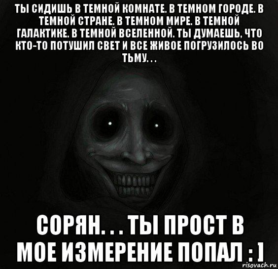 ты сидишь в темной комнате. в темном городе. в темной стране. в темном мире. в темной галактике. в темной вселенной. ты думаешь, что кто-то потушил свет и все живое погрузилось во тьму. . . сорян. . . ты прост в мое измерение попал : ], Мем Ночной гость