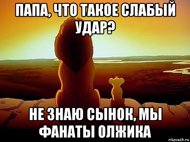 папа, что такое слабый удар? не знаю сынок, мы фанаты олжика, Мем  король лев