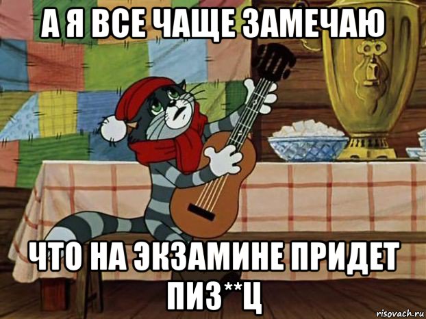 а я все чаще замечаю что на экзамине придет пиз**ц, Мем Кот Матроскин с гитарой